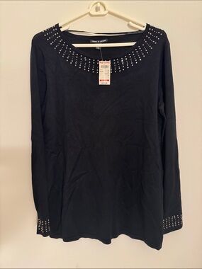 Cable & Gauge Black Long Sleeve Studded Crewneck Top